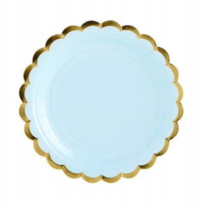 Prato descartável azul claro com borda dourada ondulada