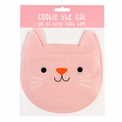 Conjunto de três sacos para snacks em formato de gato cor-de-rosa