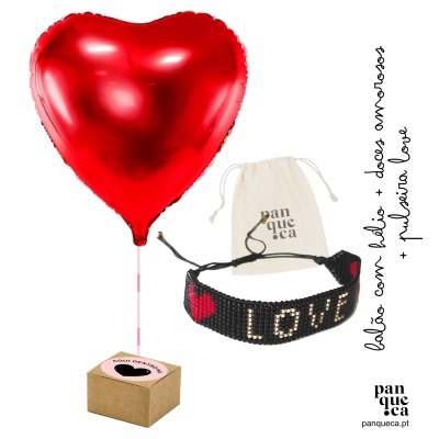 Balão vermelho coração, pulseira preta com LOVE e saco panqueca