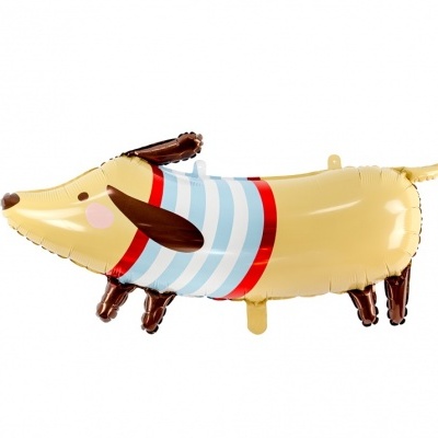 Balão festa cão salchicha com riscas azuis e vermelhas