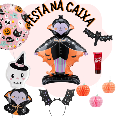 Balões de Halloween variados com tema vampiro, caveira e morcego e texto FESTA NA CAIXA.