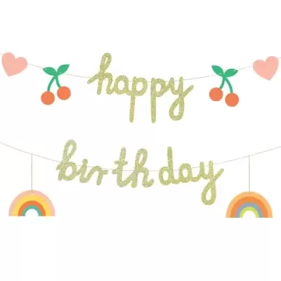 Decoração de festa com 'happy birthday', corações, cerejas e arcos-íris