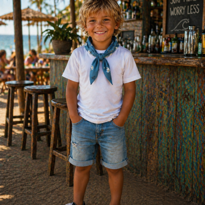 Criança com roupa casual em bar de praia