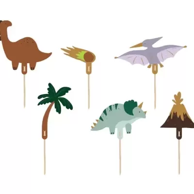 Palitos decorativos com temas de dinossauros e natureza