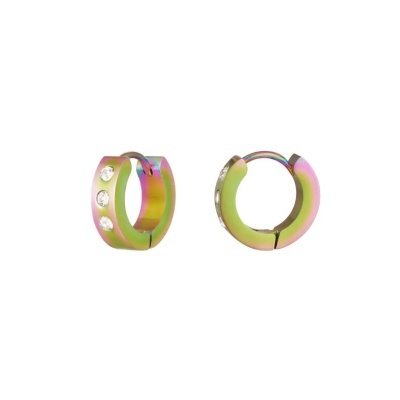 Par de brincos em argola pequenos iridescentes com pedras transparentes