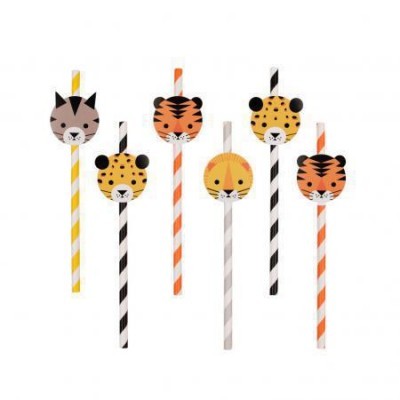 Palhinhas de papel coloridas com cabeças de animais selvagens em cima