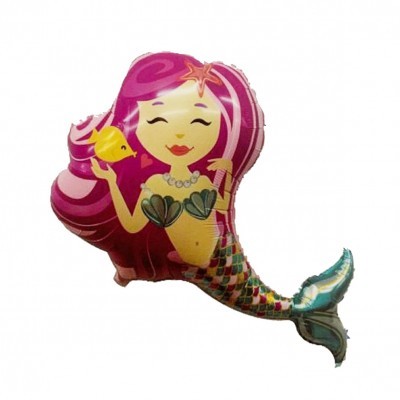 Balão metalizado em forma de sereia com cabelo rosa