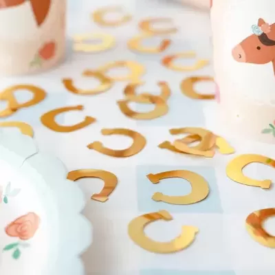 Confetes de ferradura dourados, copos decorados com cavalos e flores, prato com padrão floral