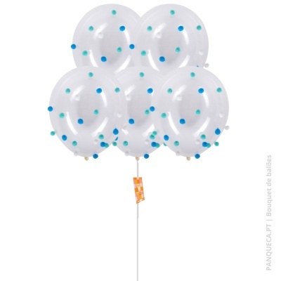 Balões transparentes com bolinhas azuis e turquesa em suporte branco