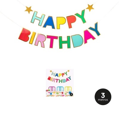 Decoração de festa com letras coloridas a dizer HAPPY BIRTHDAY