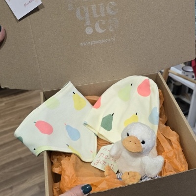 Caixa de cartão com roupa e peluche para bebé