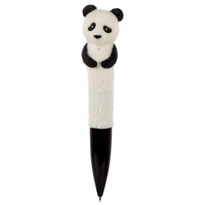 Caneta com peluche de panda preto e branco