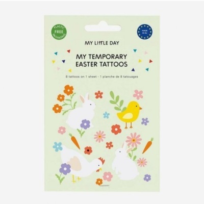 Tatuagens temporárias de Páscoa com coelhos, pintainho e flores coloridas