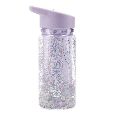 Garrafa de plástico transparente com glitter e tampa lilás