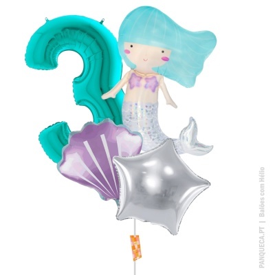 Balões em formato de sereia, concha, estrela e número 3