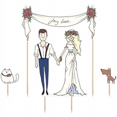 Toppers para bolos de casamento com noivo, noiva, gato, cão e faixa decorativa com texto.