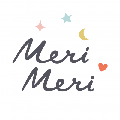 Logotipo com texto 'Meri Meri' e formas decorativas coloridas