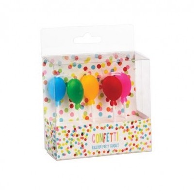 Velas decorativas em forma de balão colorido embaladas em caixa transparente com padrão de confetti