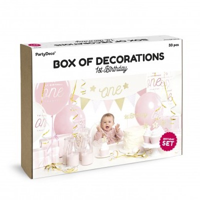 Caixa de decoração para festa de aniversário com balões e acessórios em rosa e branco