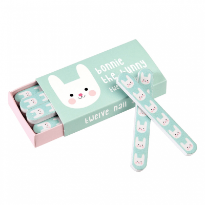 Conjunto de lixas de unha azul claro com desenhos de coelhos e caixa verde-azulado