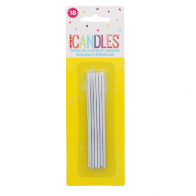 Embalagem de velas brancas finas para aniversário, com texto colorido e embalagem amarela