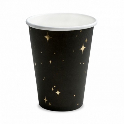 Copo de papel preto com estrelas douradas