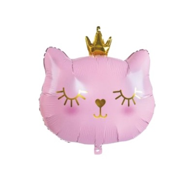 Balão em forma de cabeça de gato cor-de-rosa com coroa dourada