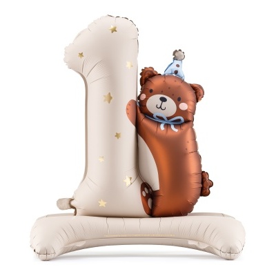 Balão número 1 com urso castanho segurando e base inflável bege