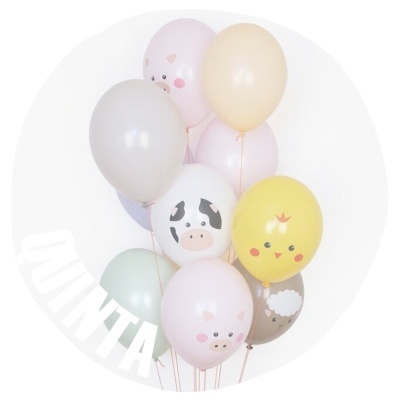 Balões coloridos com desenhos de animais em fundo branco e texto 