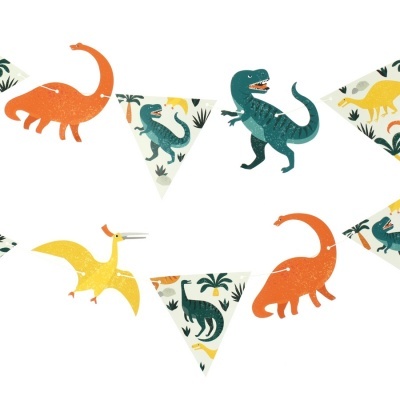 Bandeirolas decorativas com dinossauros coloridos em fundo branco