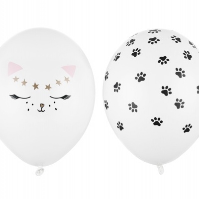 Dois balões brancos decorados, um com rosto de gato e outro com patas pretas.