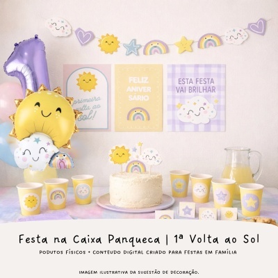 Conjunto de decoração para festa de aniversário com tema sol, nuvem e arco-íris.