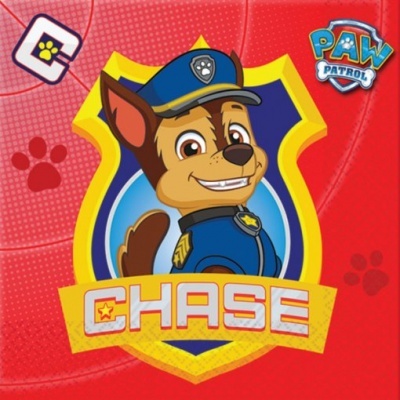 Estampa do personagem Chase de Paw Patrol em fundo vermelho com texto CHASE e logo PAW Patrol