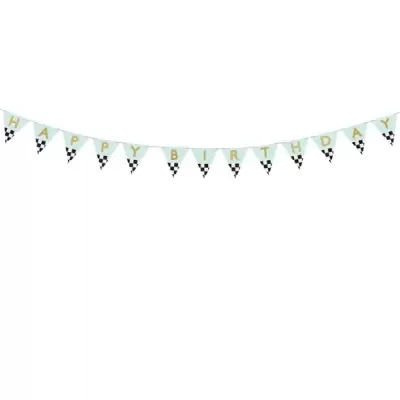 Bandeirola HAPPY BIRTHDAY com bandeiras quadriculadas e taças douradas