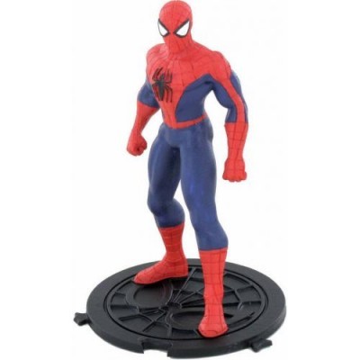 Figura de ação do Homem-Aranha em fato vermelho e azul sobre base preta circular