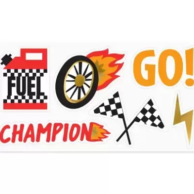 Adesivos temáticos de corrida com desenhos de combustível, roda a arder, bandeiras quadriculadas, relâmpago e palavras GO! e CHAMPION