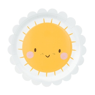 Prato infantil decorado com sol sorridente e borda branca ondulada