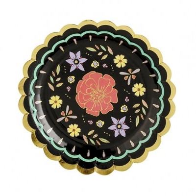 Prato descartável redondo com decoração floral colorida e borda dourada