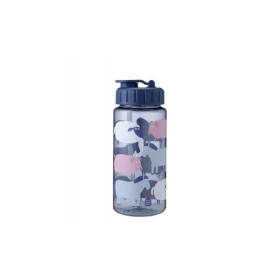 Garrafa de plástico transparente com tampa azul e animais coloridos impressos