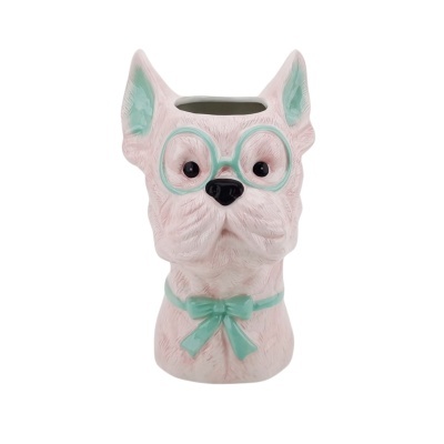 Vaso cerâmico cabeça de cão rosa com óculos e laço verde