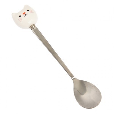 Colher metálica com cabo decorado com cabeça de gato em cerâmica branca