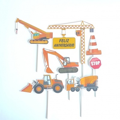 Toppers de bolo com tema de construção e texto FELIZ ANIVERSÁRIO e placa STOP