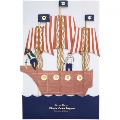 Topo de bolo navio pirata com velas vermelhas e brancas e figuras de piratas