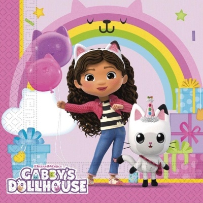 Personagens animados de Gabby's Dollhouse com balões e presentes coloridos
