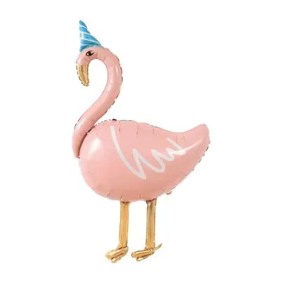 Balão metalizado rosa em forma de flamingo com chapéu azul e branco