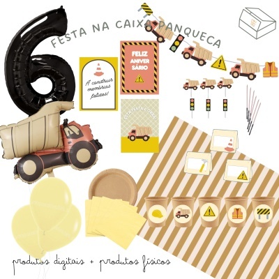 Artigos para festa construção com balões, pratos e copos decorados e texto na imagem