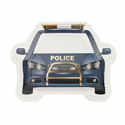 Almofada em forma de carro de polícia azul e branco com palavra POLICE