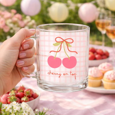 Caneca de vidro com desenho de cerejas e texto, em cenário de piquenique colorido.
