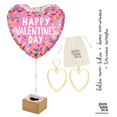Balão cor-de-rosa em forma de coração com texto HAPPY VALENTINES DAY e brincos dourados em forma de coração