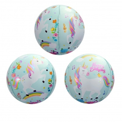 Três bolas azuis claras com desenhos de unicórnios, flores e texto 'Happy Birthday'